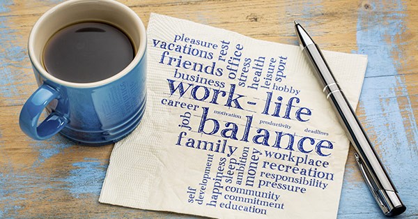 Napkin with work-life balance written on it and coffee cup next to it